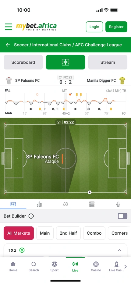 Mobile match — score, timeline, pitch visual and market tabs