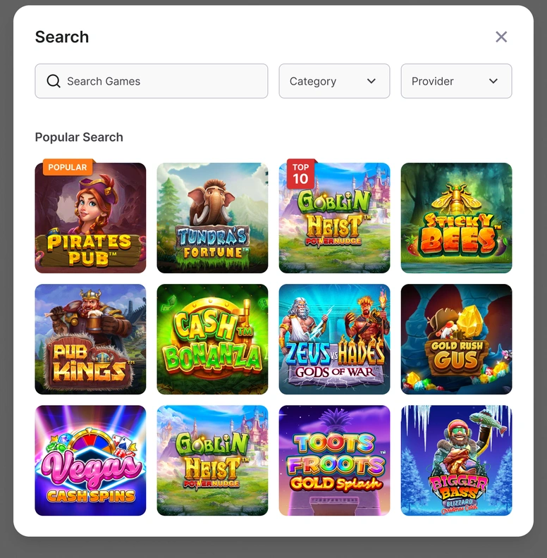 Search — text input, category and provider filters