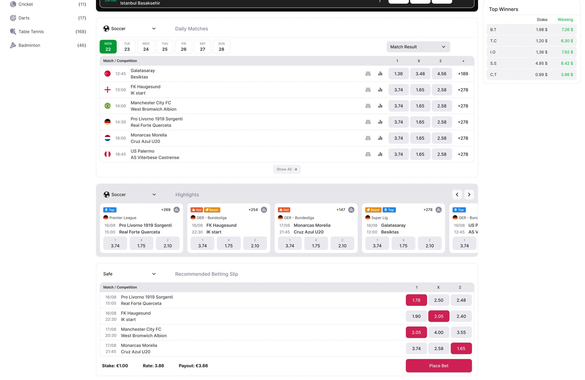 Sports — daily fixtures, highlight cards and a selection summary