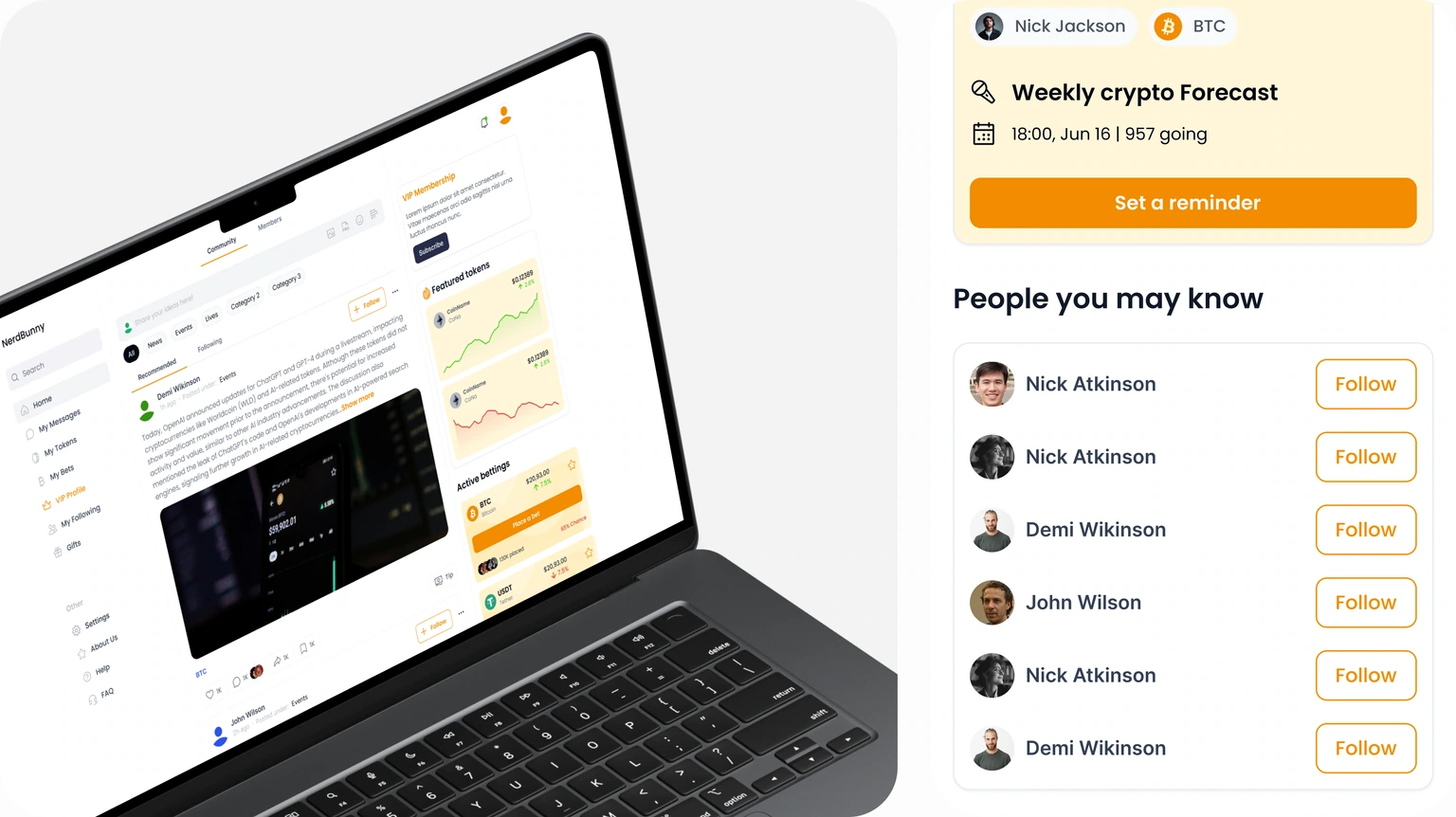 Community — feed preview, event reminder and member suggestions
