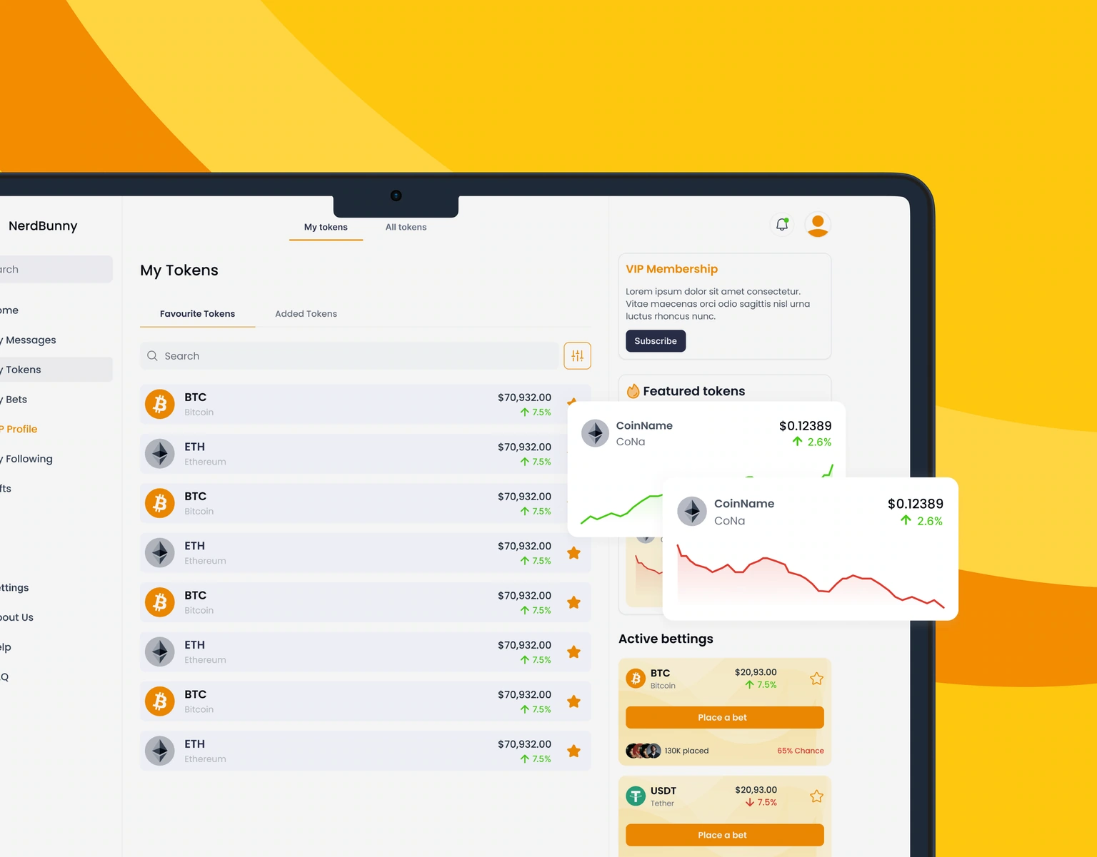 NerdBunny token workspace and price-chart cards on a yellow and orange background