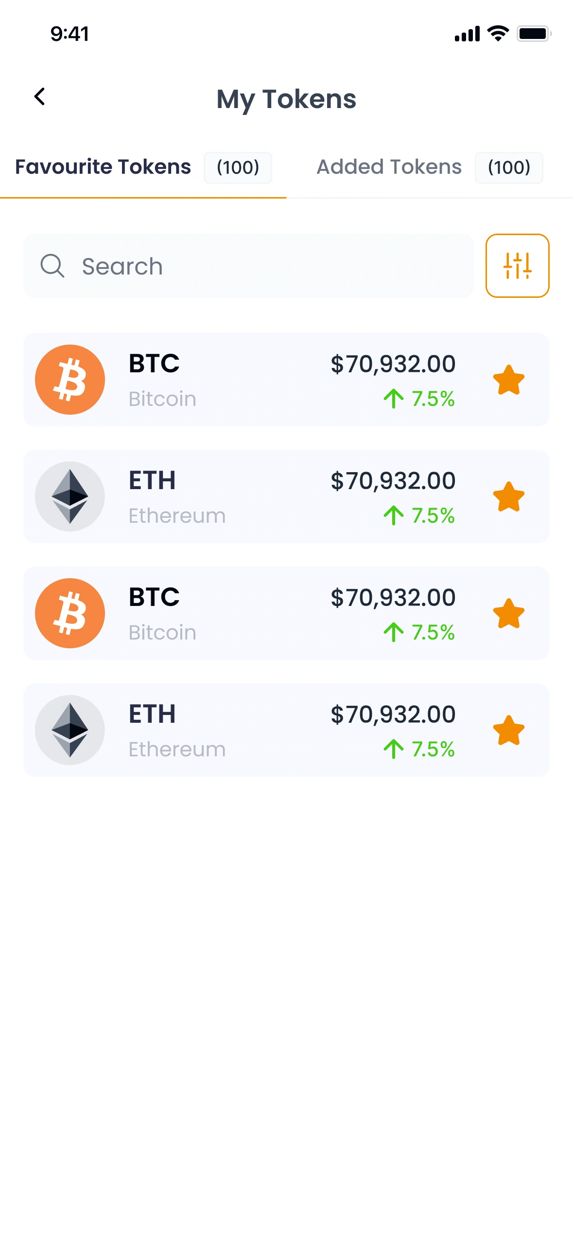 Mobile favourites — search, filters and saved-token rows