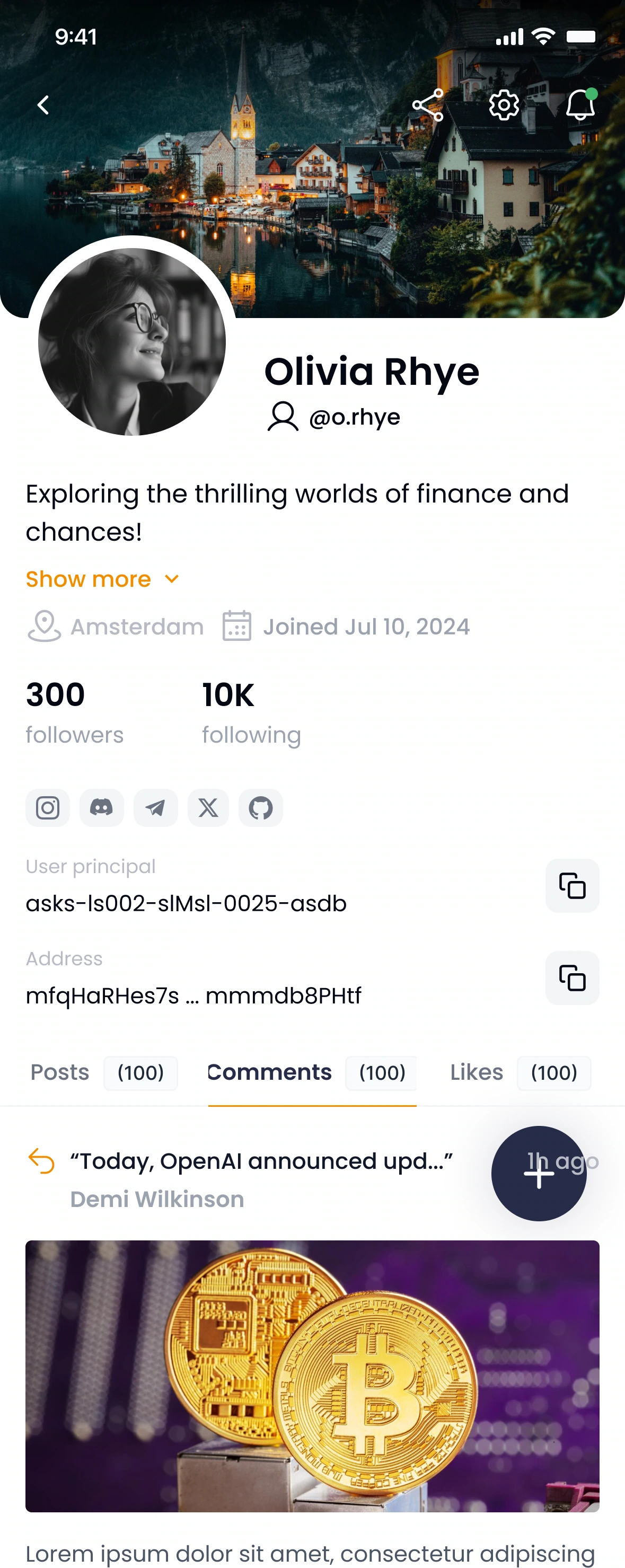 Mobile member profile — identity, social links and activity