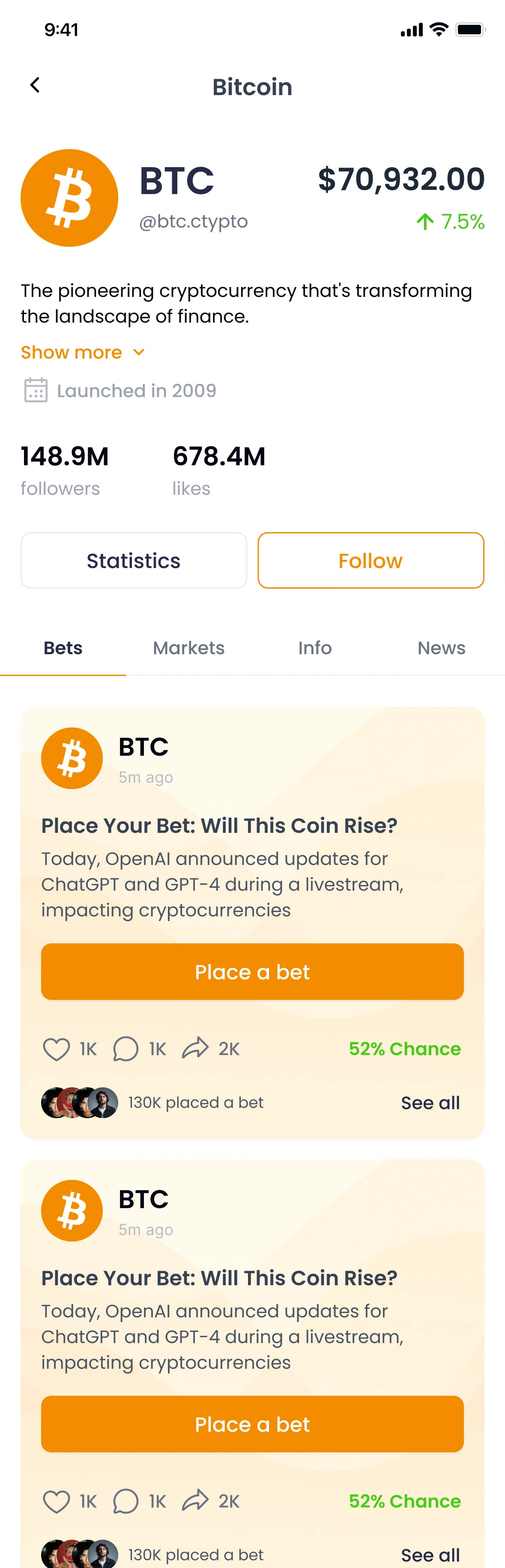 Mobile token profile — overview, tabs and prediction cards