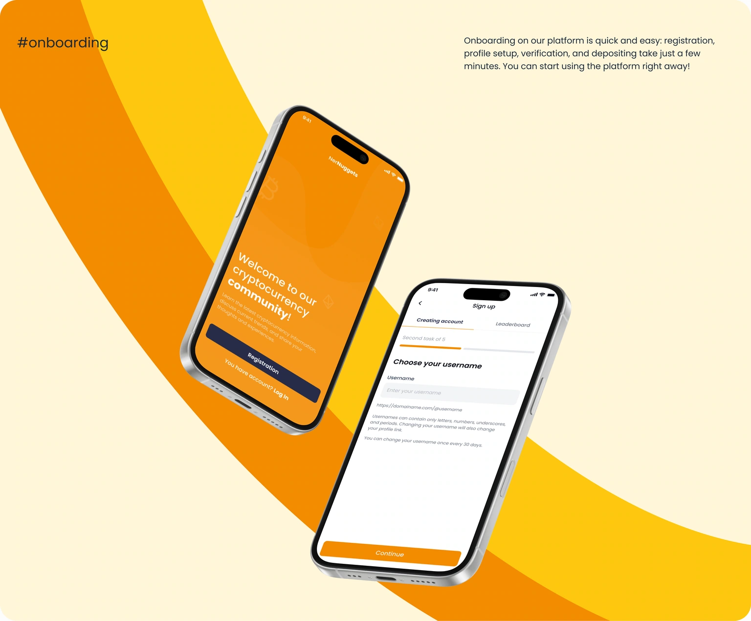 Onboarding — mobile welcome and username setup composition