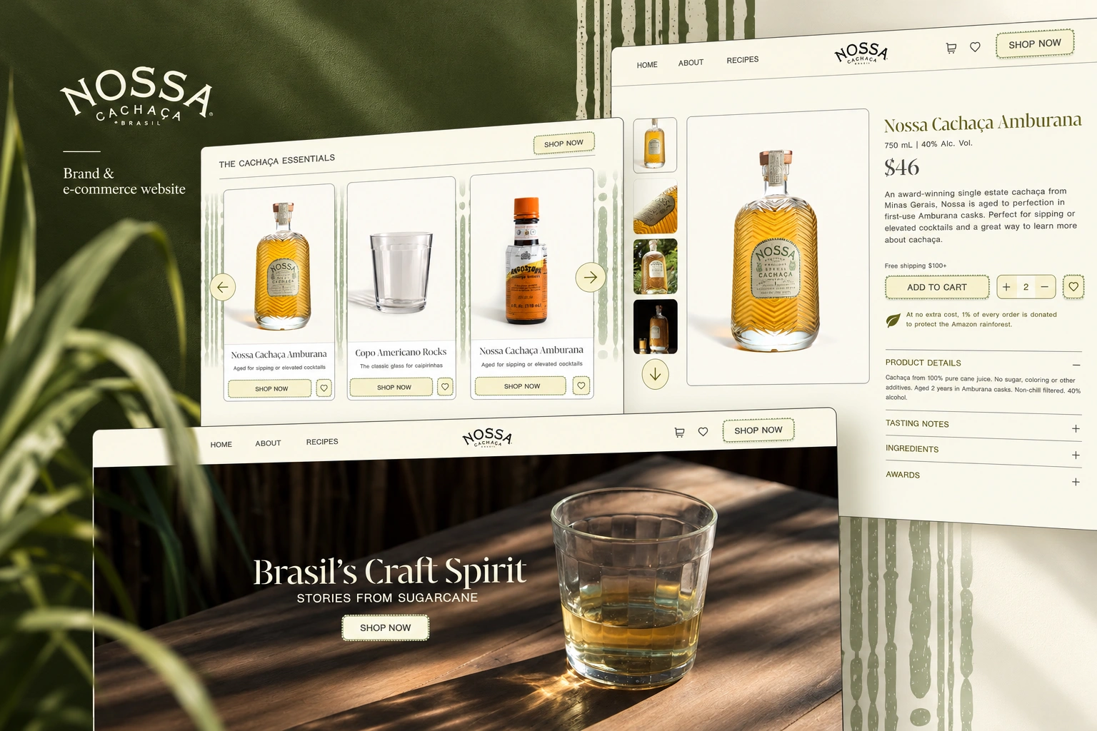 Nossa Cachaça — brand and e-commerce website, with large product-selection and product-detail interfaces, a photographic homepage and cream-and-olive sugarcane graphics