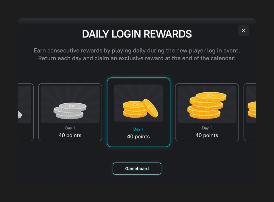 Daily rewards — a focused calendar overlay