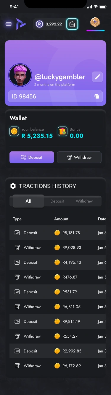 Mobile profile — identity, account summary and history