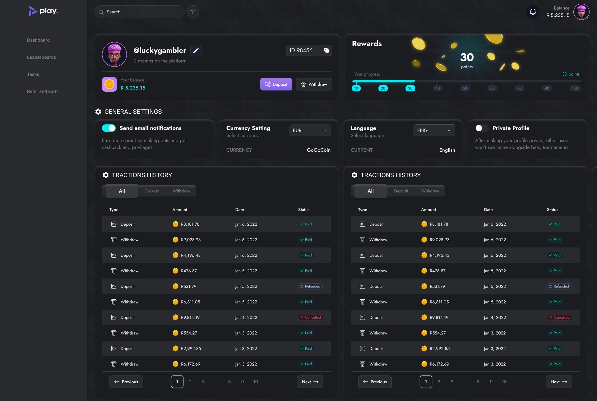 Player profile — account settings, progress and history layout