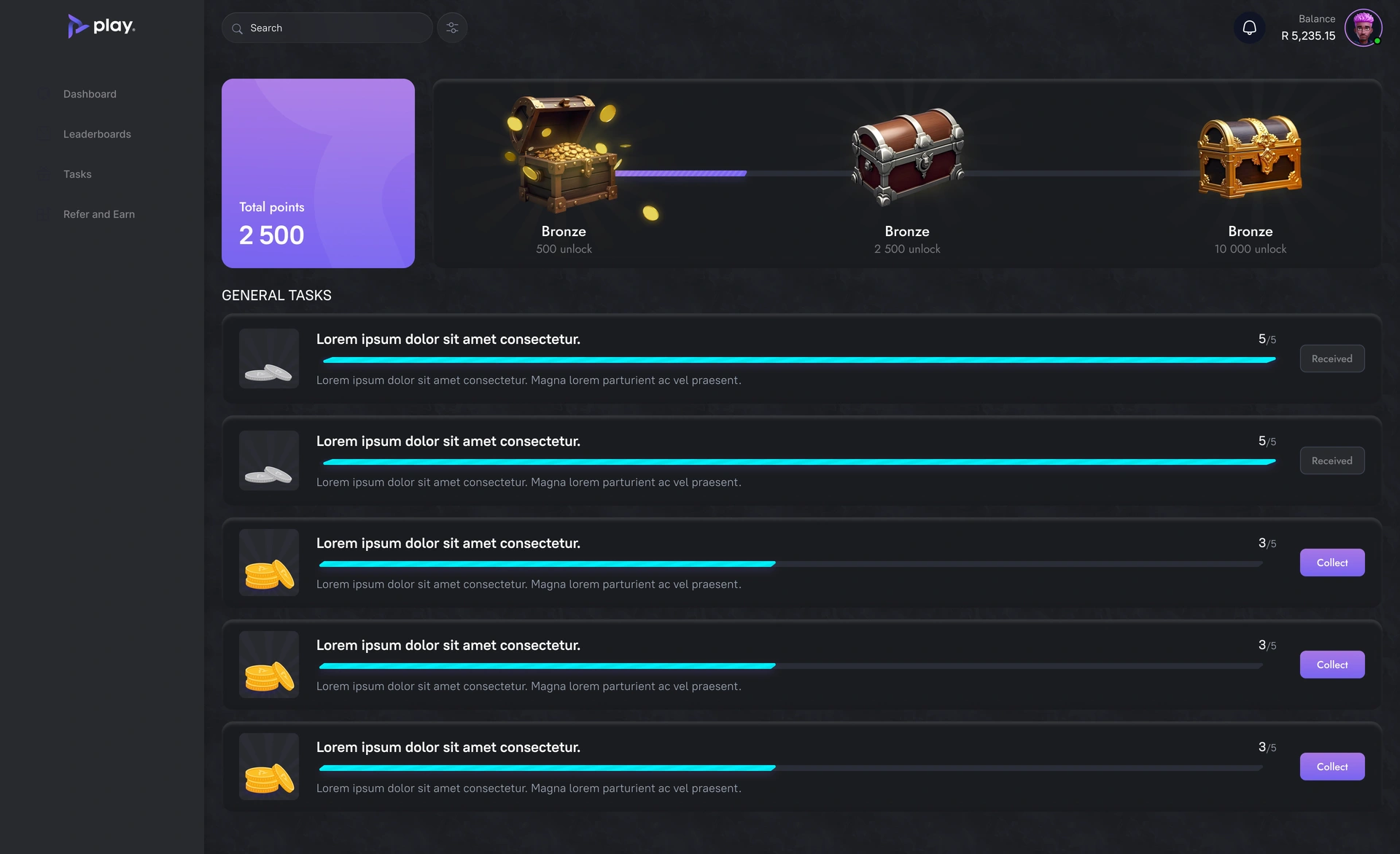 Tasks — reward chests, progress bars and collection states