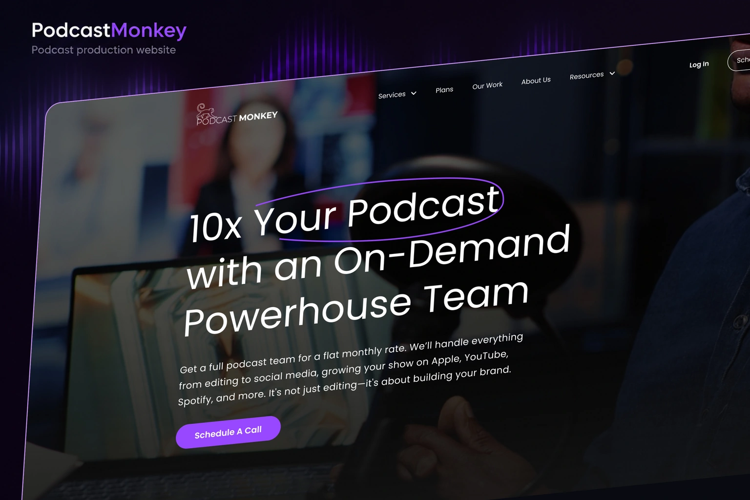 PodcastMonkey — Podcast production website, with a large angled homepage composition and violet audio waveform