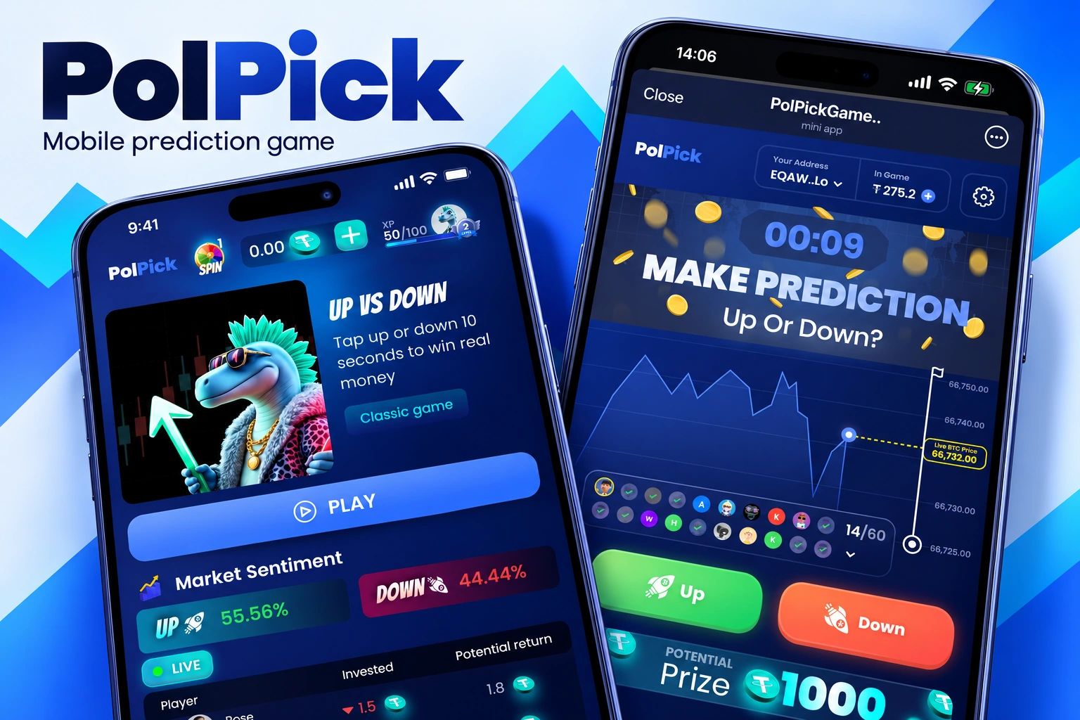 PolPick dinosaur-themed game lobby and chart-based prediction round on two mobile screens