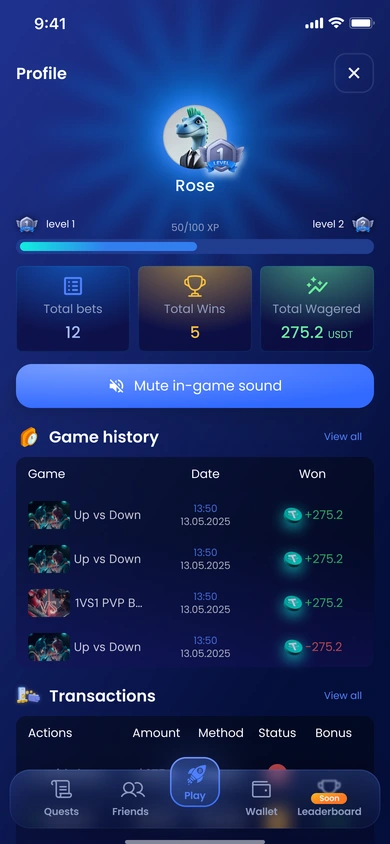 Profile — level progress and activity history