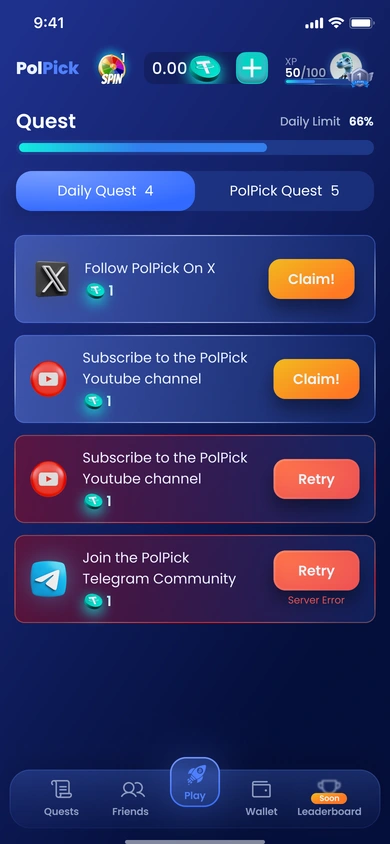 Quests — progress, available actions and retry feedback