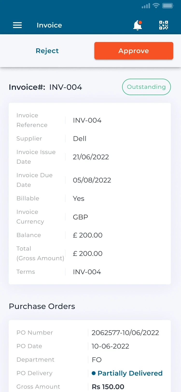 Invoice review — supplier, amount, payment status and approval actions