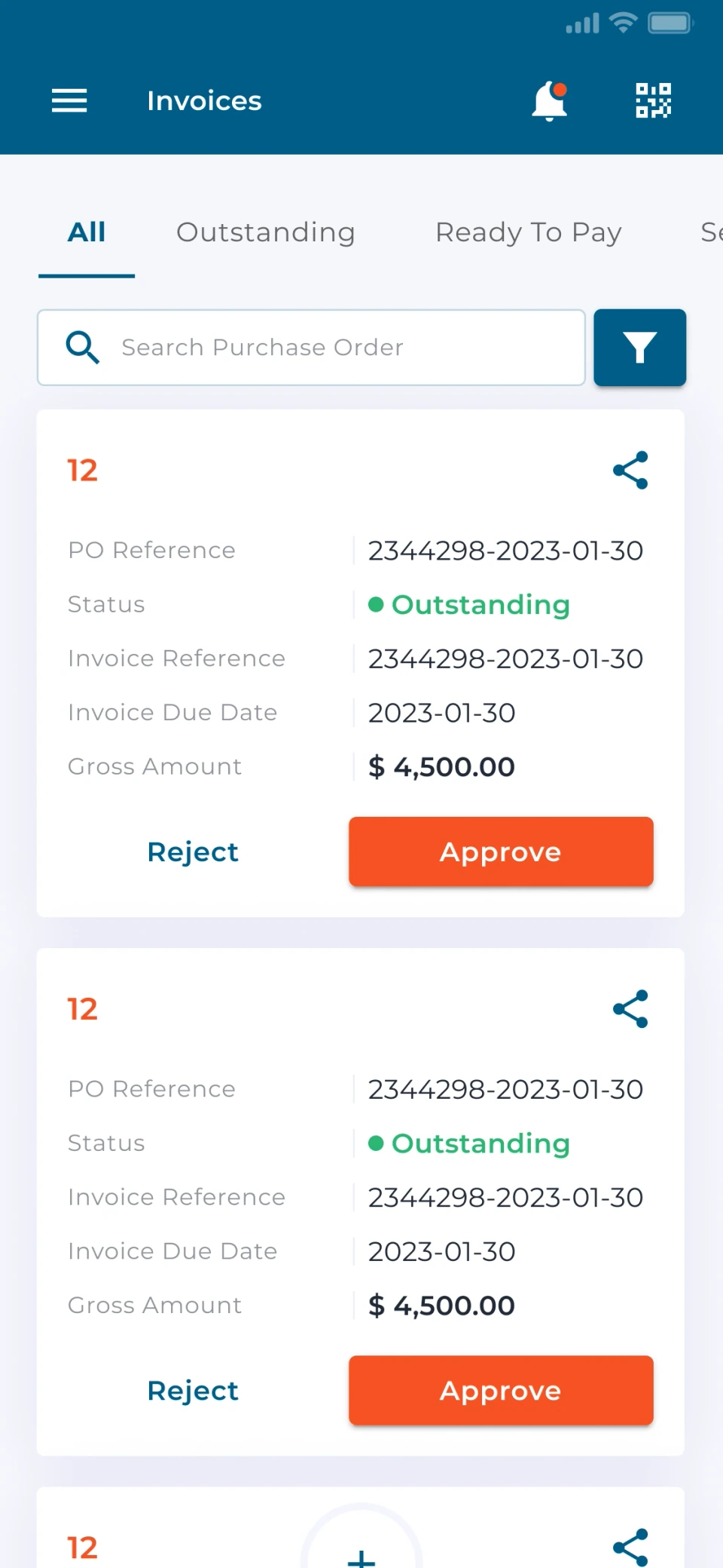 Invoice list — status tabs, search, amounts and approve or reject actions