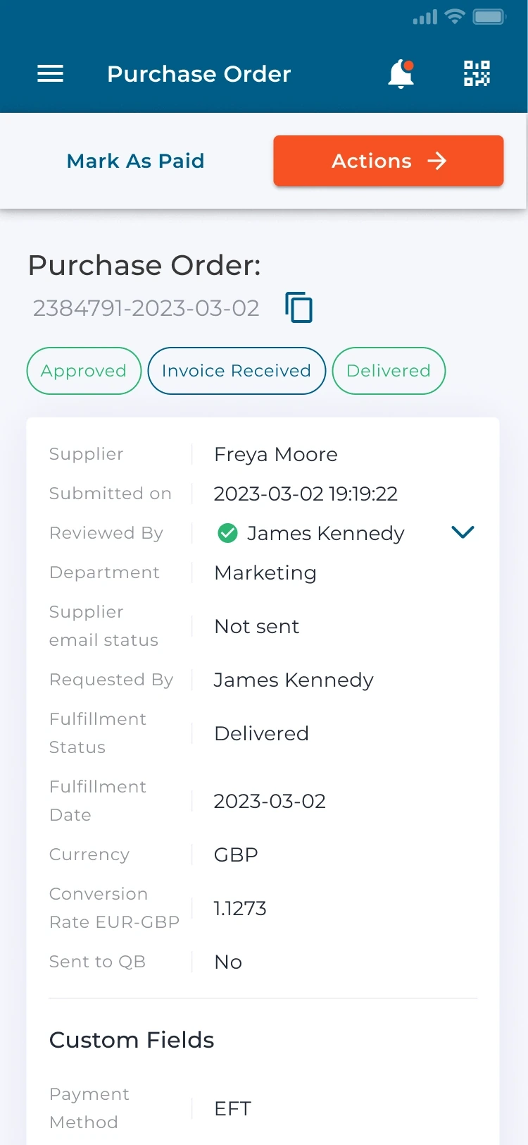 Purchase-order review — approval, invoice and delivery states with supplier context
