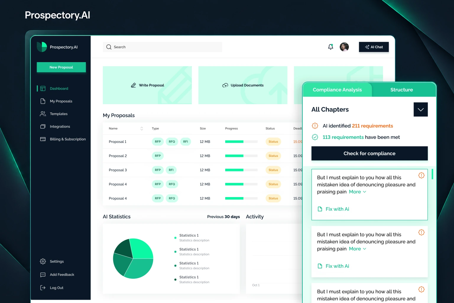 Prospectory.AI dashboard and proposal analysis interface