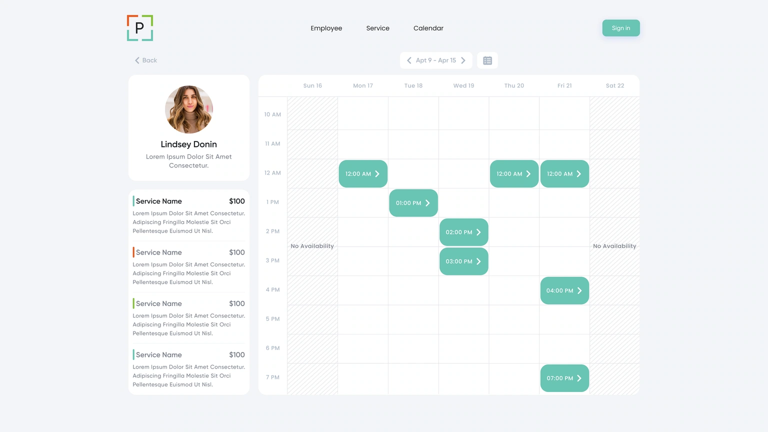 Customer booking — employee details, services and available time slots