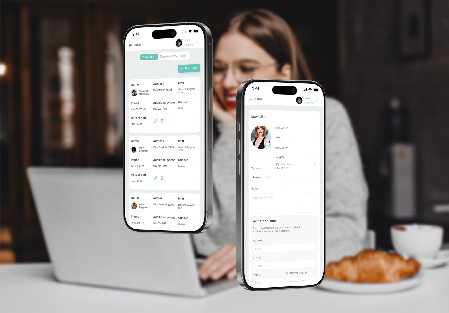 Client management — mobile client list and new-client form