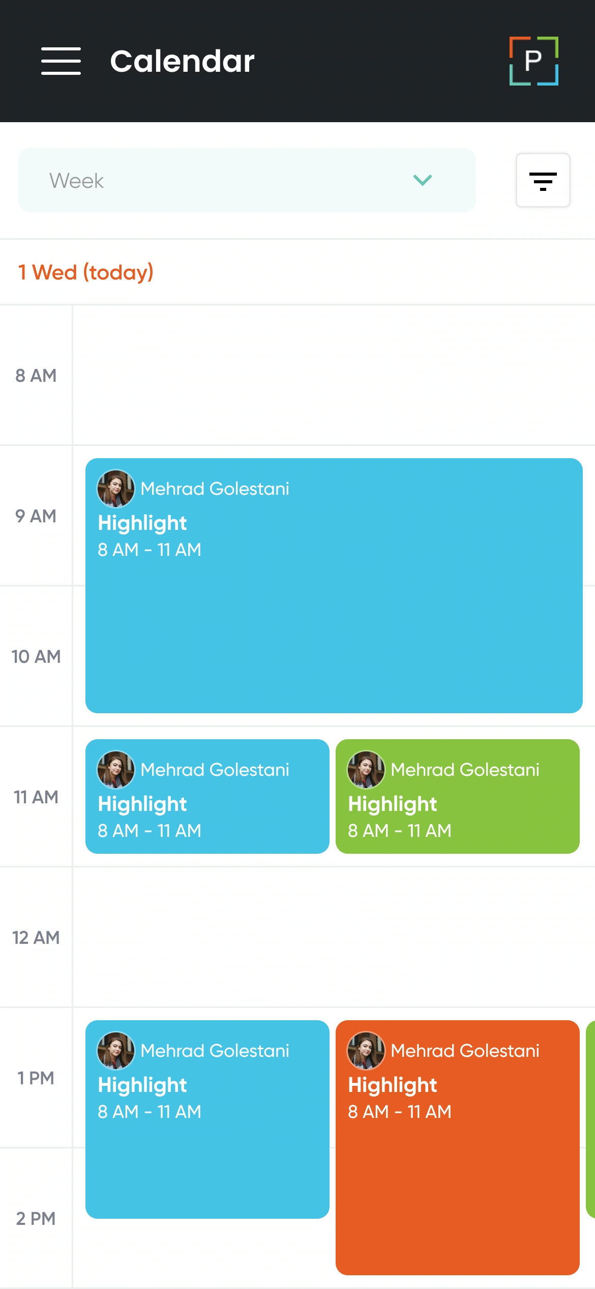 Mobile daily calendar — one-day appointment layout