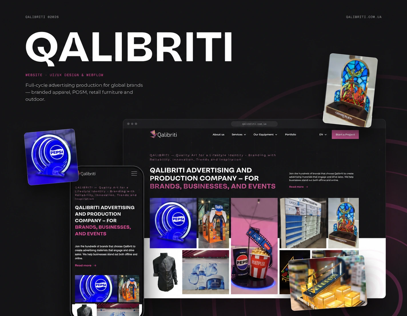 Qalibriti — corporate website, with desktop and mobile layouts and a colourful selection of retail displays and branded production work