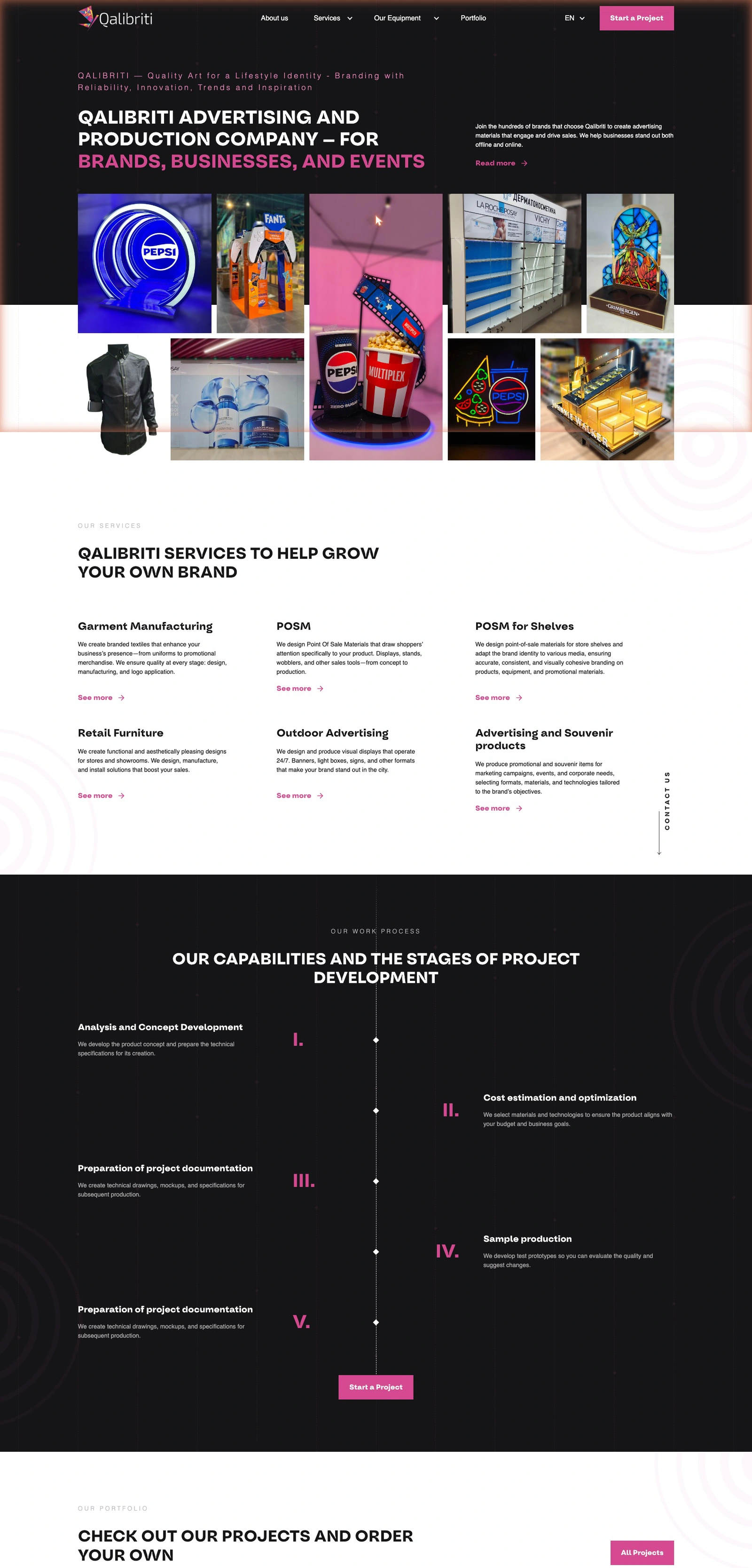 Homepage — production-work mosaic, service overview and project process