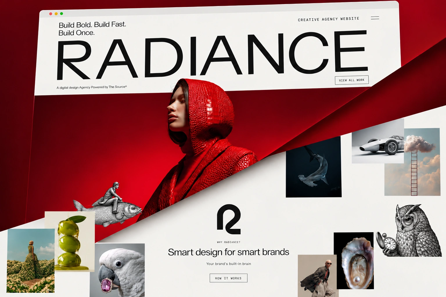 Radiance — creative agency website, with a large website canvas, a red portrait-led opening and an editorial collage connected by a diagonal red reveal