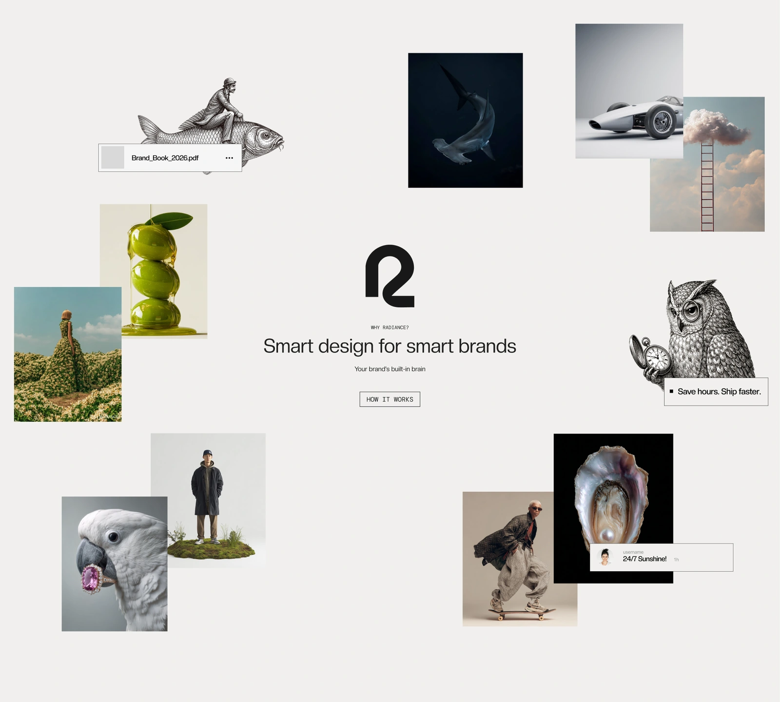 Agency introduction — central monogram, editorial collage and a clear next step
