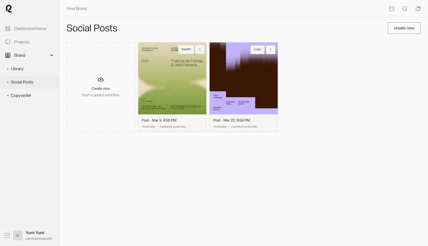 Social-post library — visual asset previews, format labels and a create action