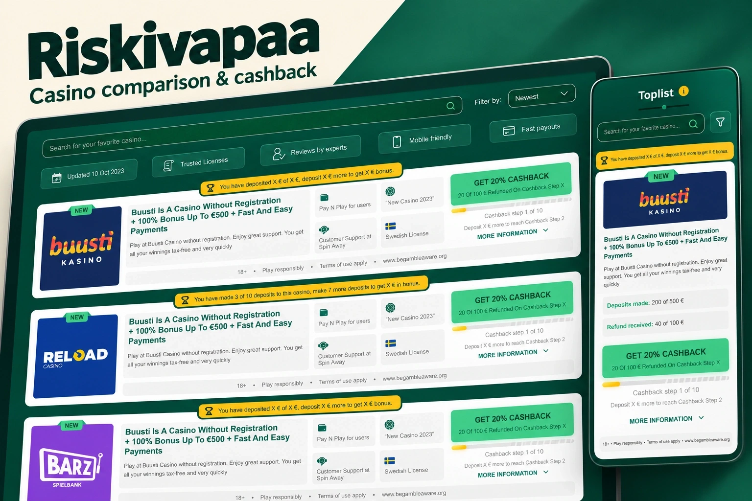 Riskivapaa — casino comparison and cashback website, with large searchable offer cards and a dedicated mobile comparison view on a forest-green and ivory backdrop