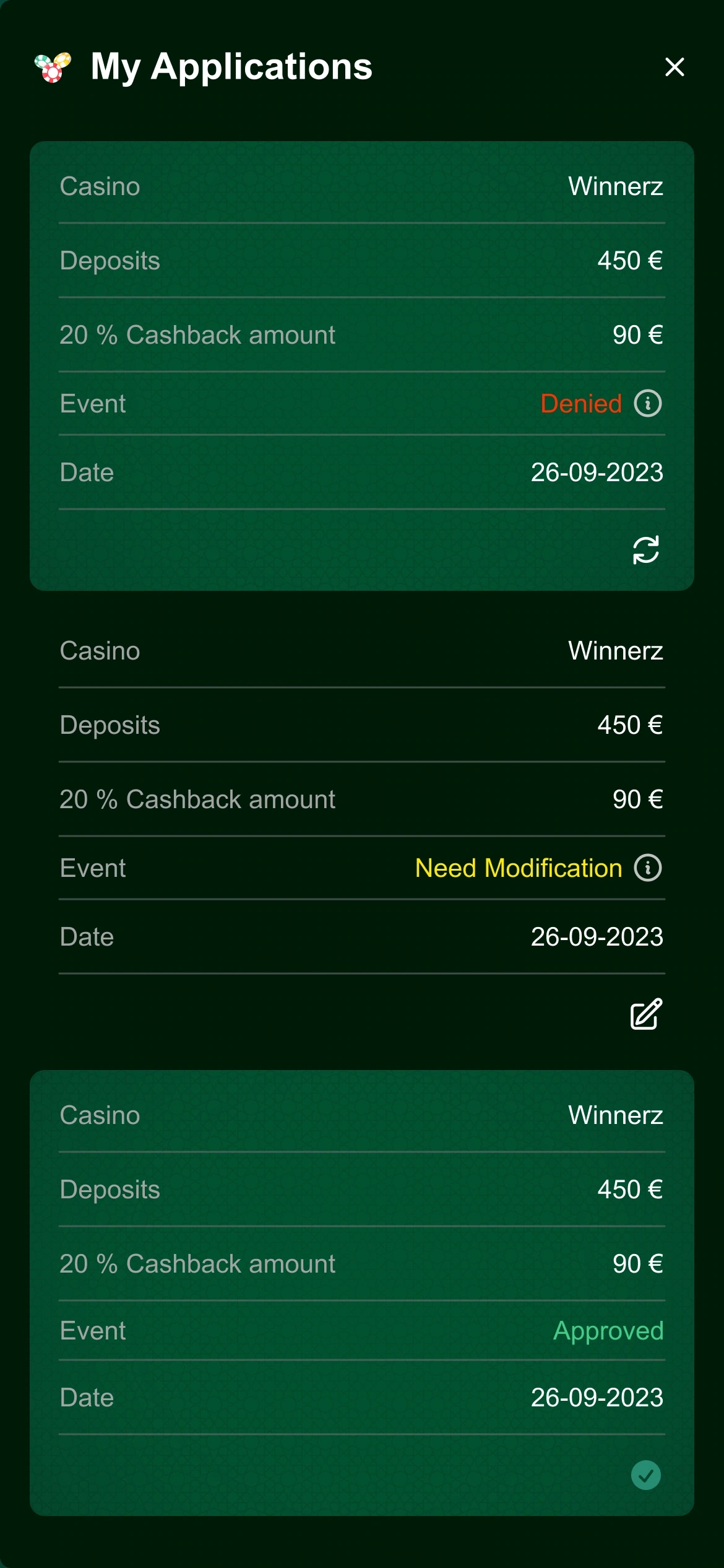 Mobile applications — denied, modification-required and approved status cards