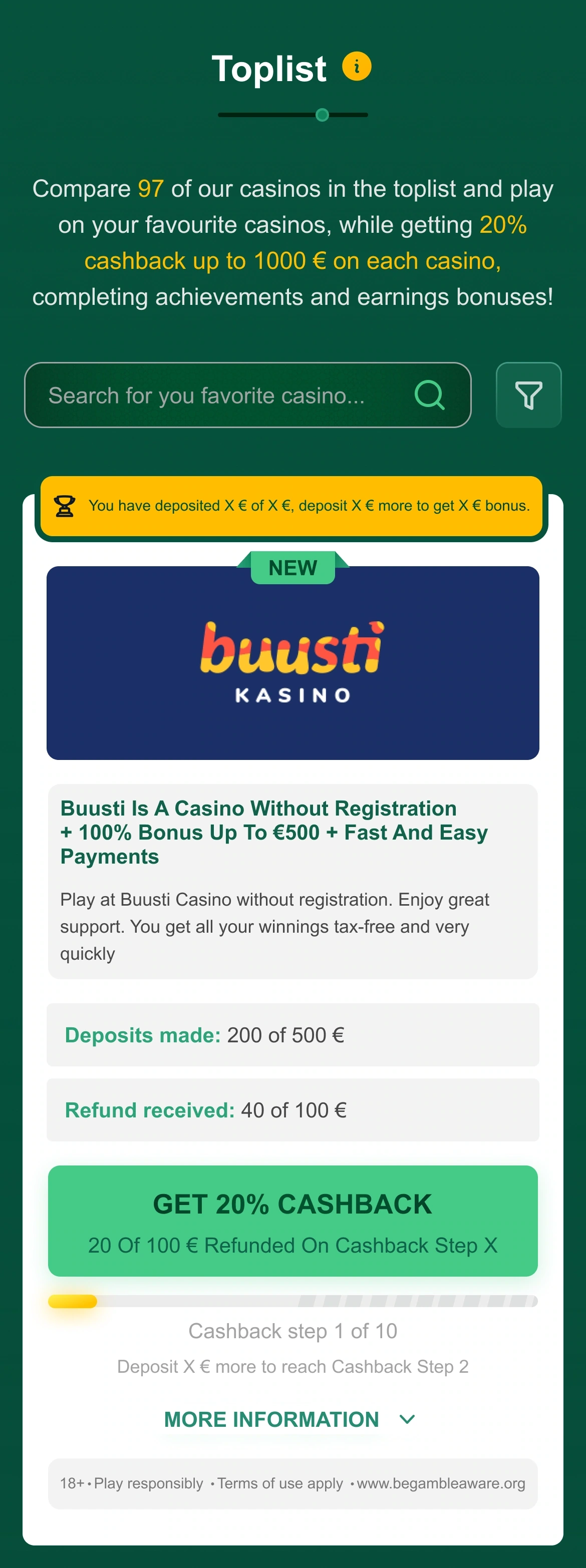 Mobile comparison — search, heading and a complete casino offer card