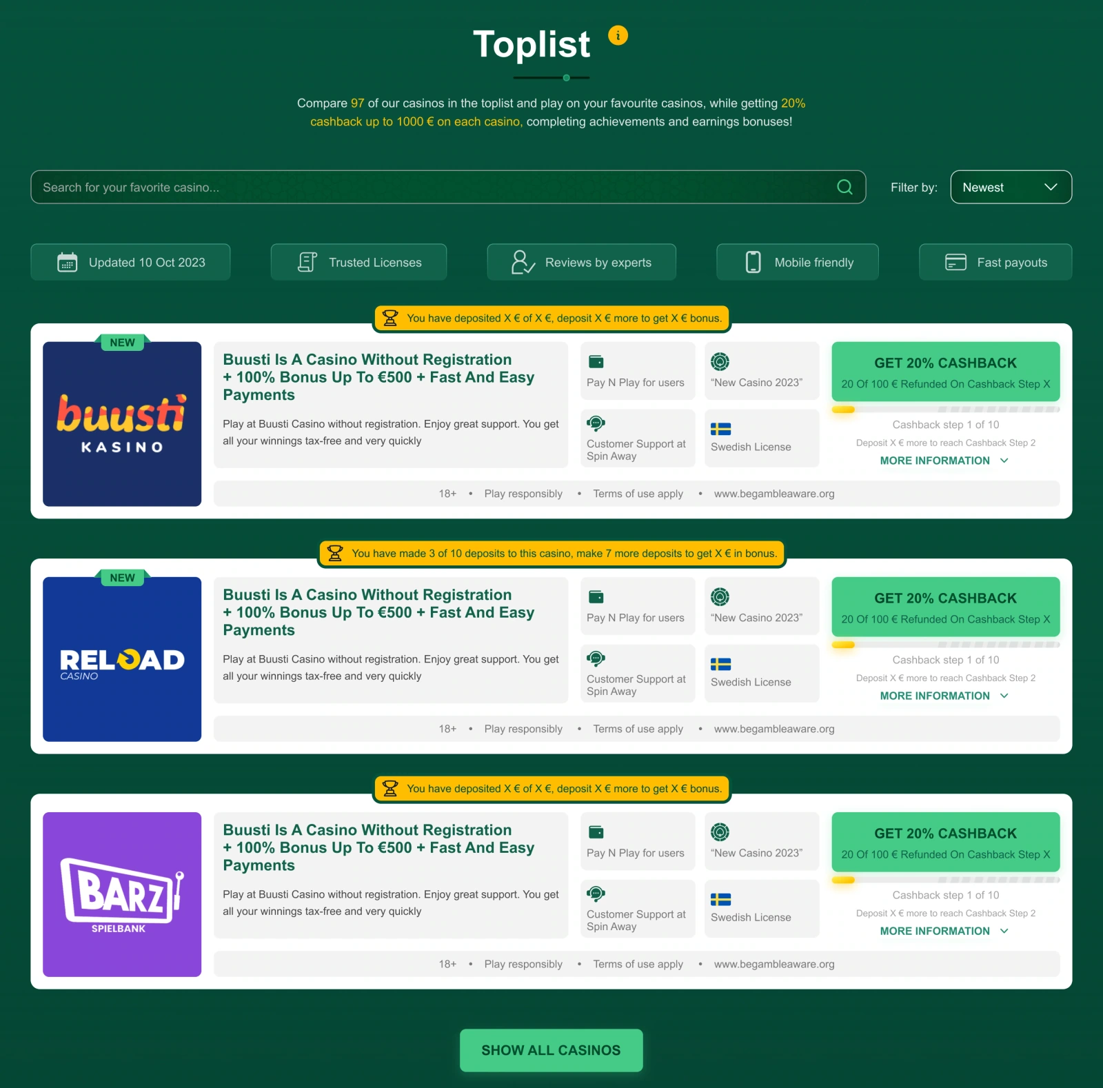 Casino comparison — search, filters and three detailed offer cards