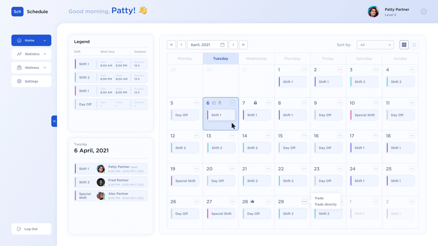 Monthly calendar — shift legend, selected-day details and trade actions
