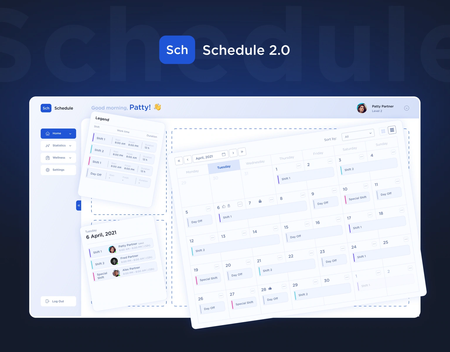 Schedule 2.0 monthly shift calendar and shift-detail panels on a midnight-blue background