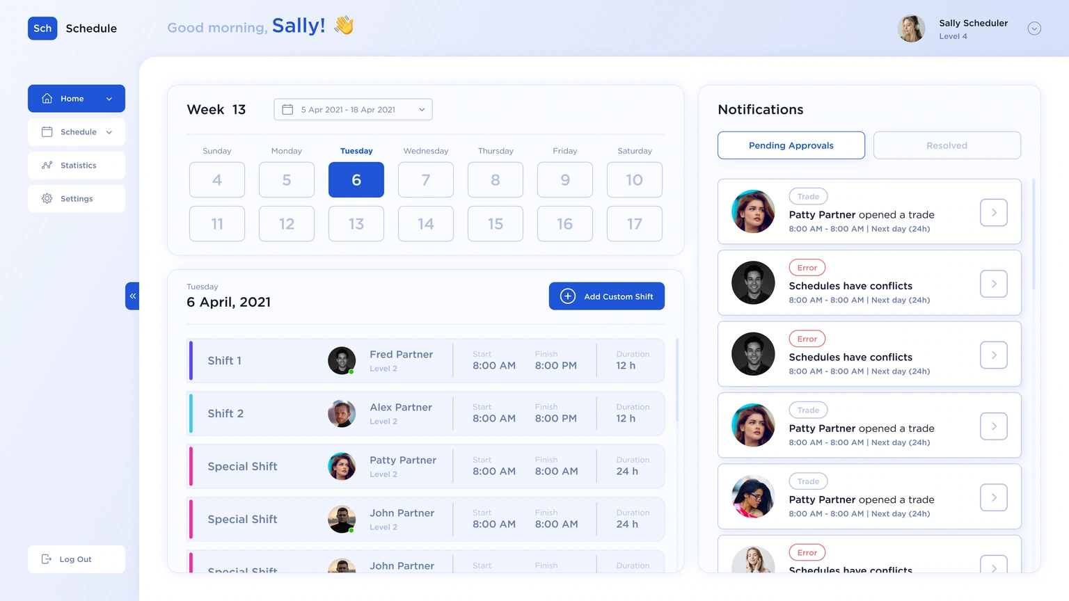 Scheduler dashboard — daily shifts, approvals and conflict feedback
