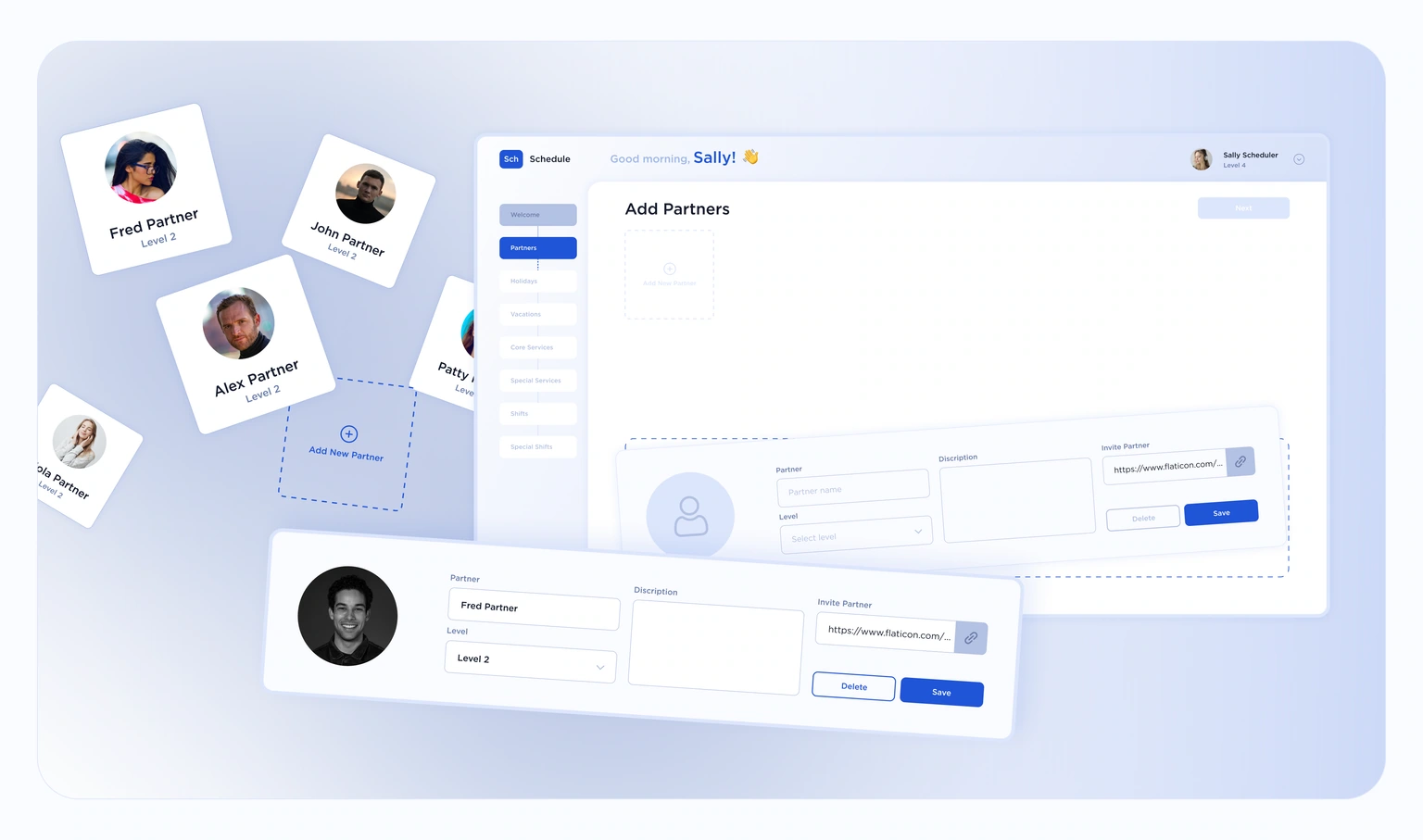 Team setup — partner cards, levels and invitation details