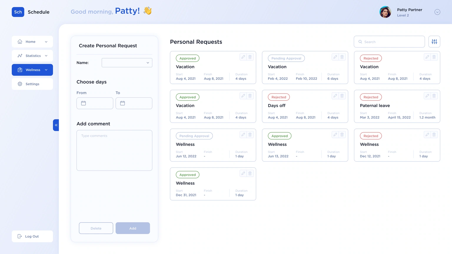Personal requests — approved, pending and rejected states