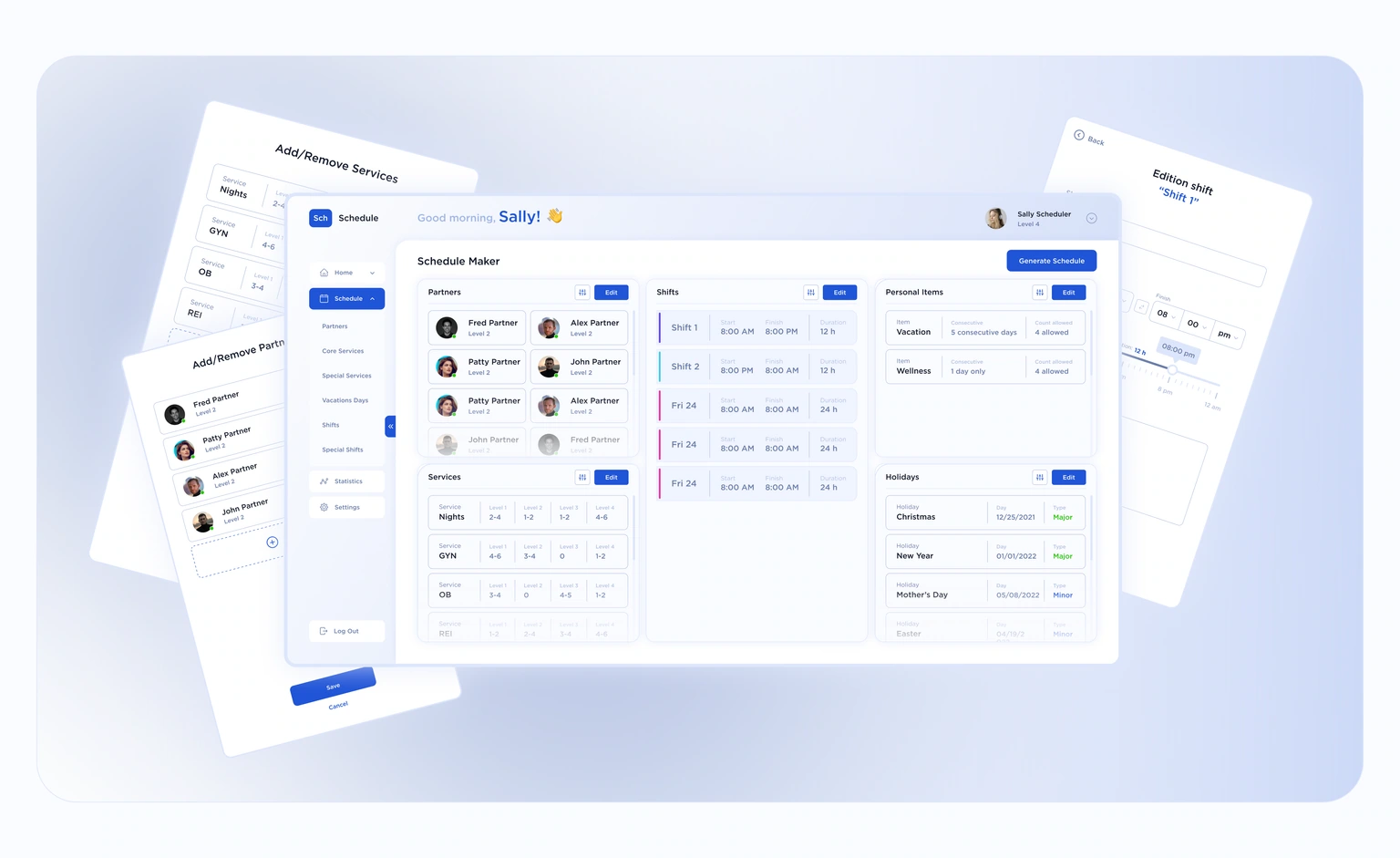 Schedule Maker — partners, services, shifts and personal items