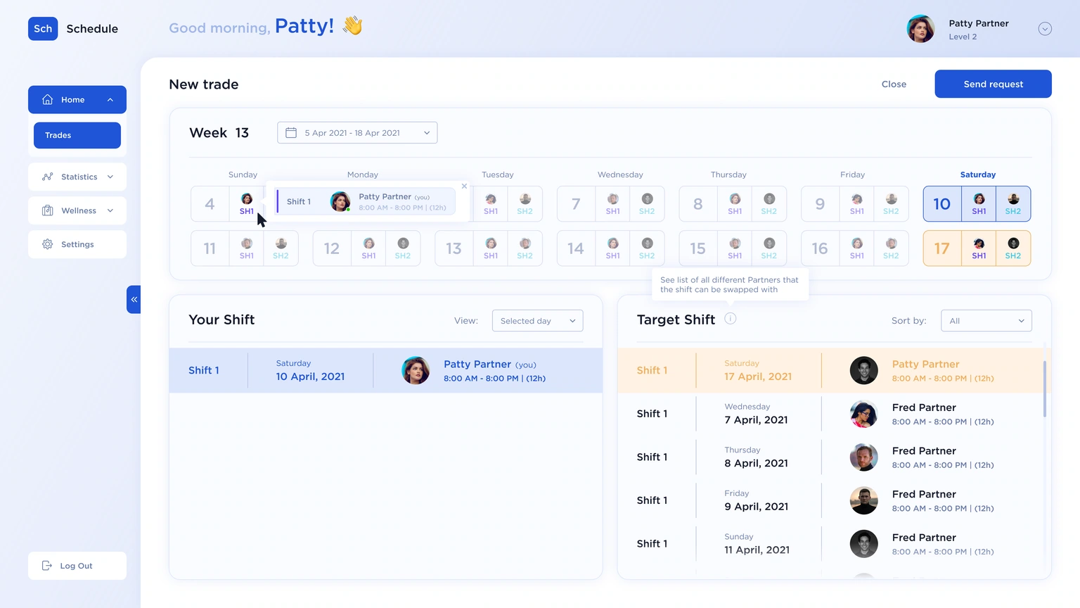 Shift change — current assignment and available target shifts