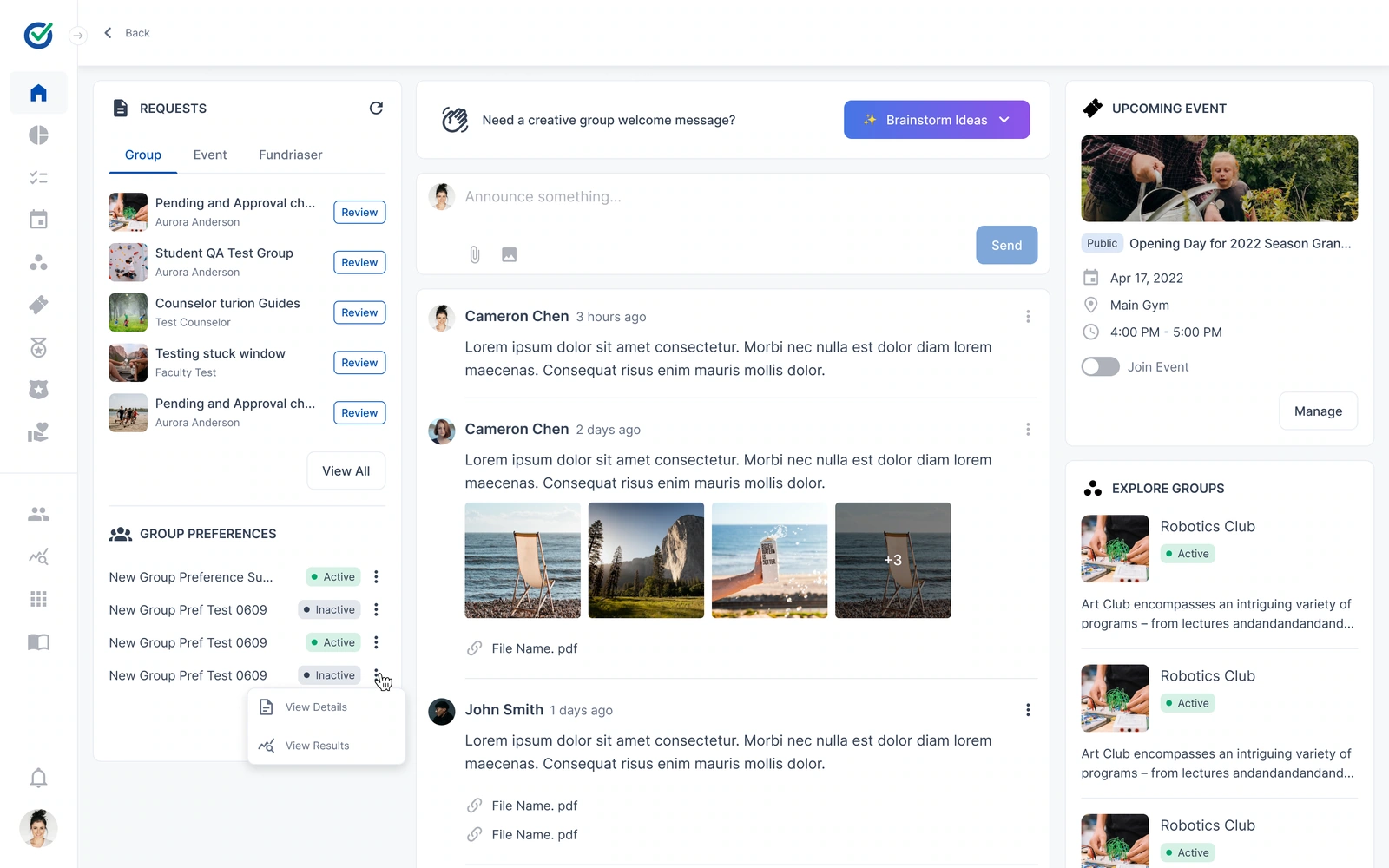 Administration home — requests, group preferences and announcement controls