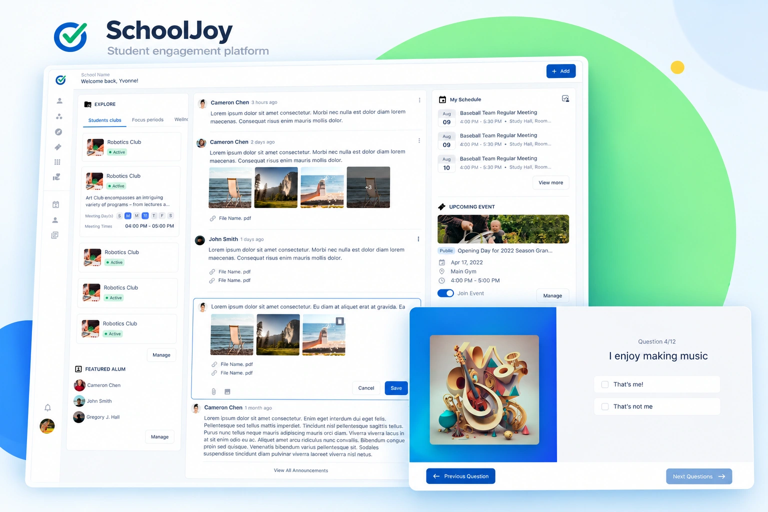 SchoolJoy — student engagement platform, with the school portal and a music-interest question on a pale-blue and green background