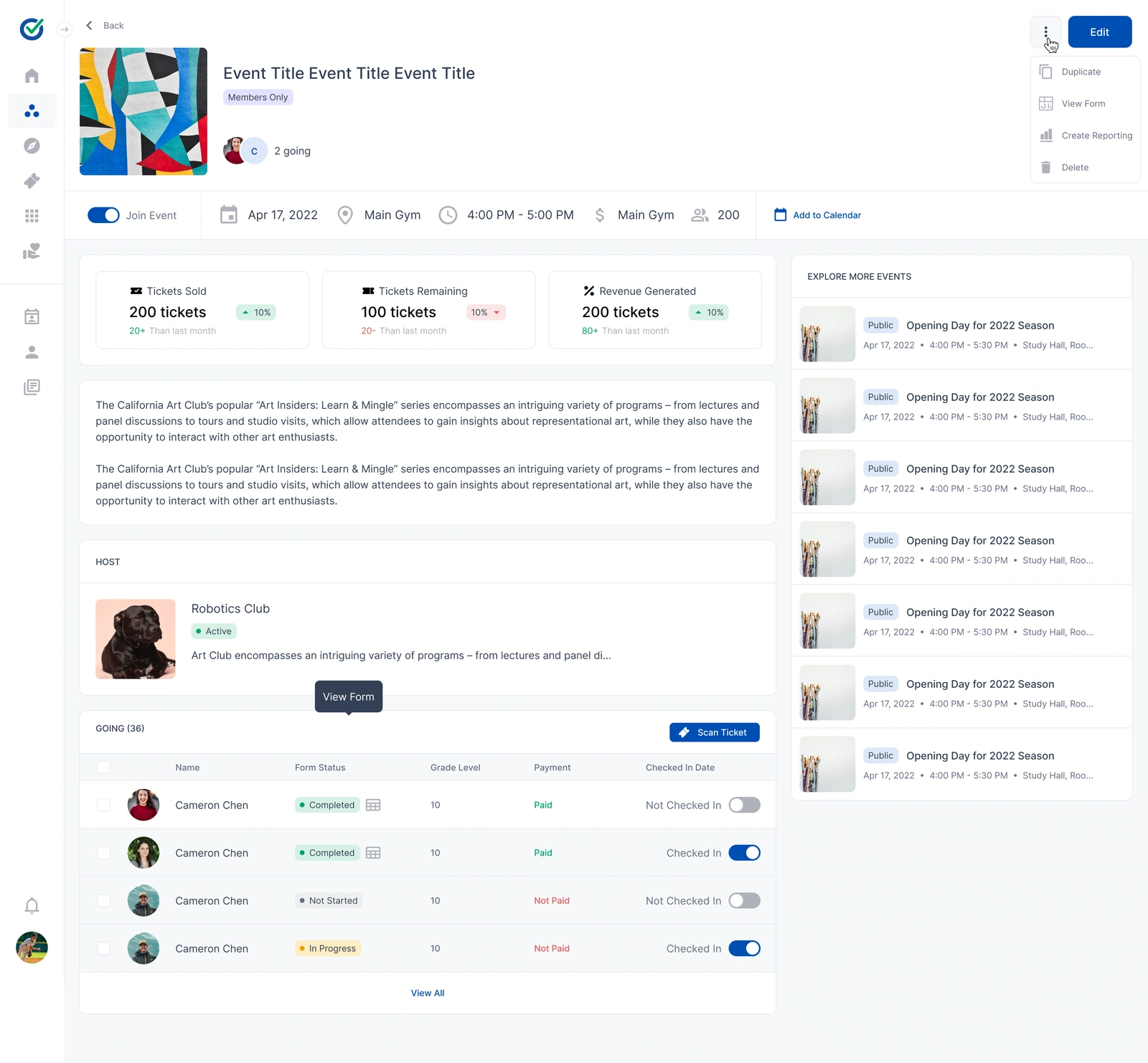Event detail — schedule, ticket summaries, host information and attendance states