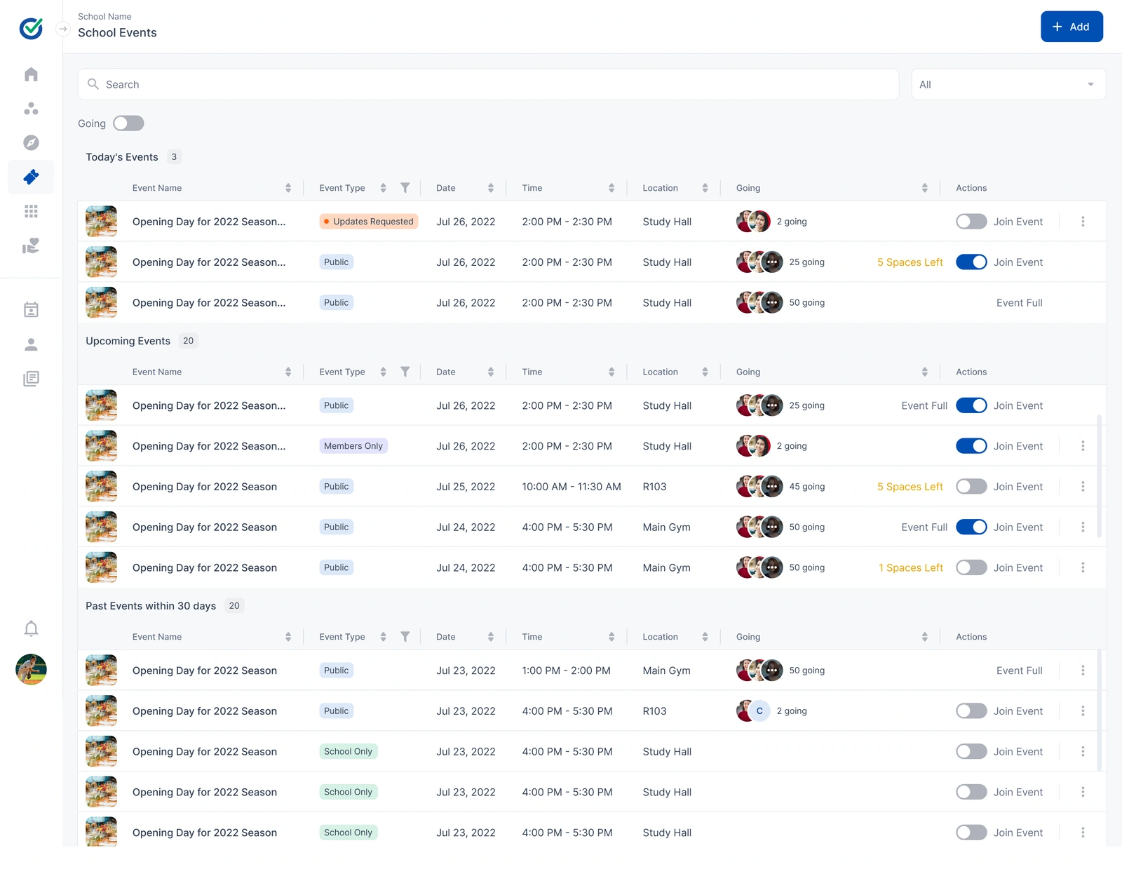 Event list — search, dates, access types, availability and participation states