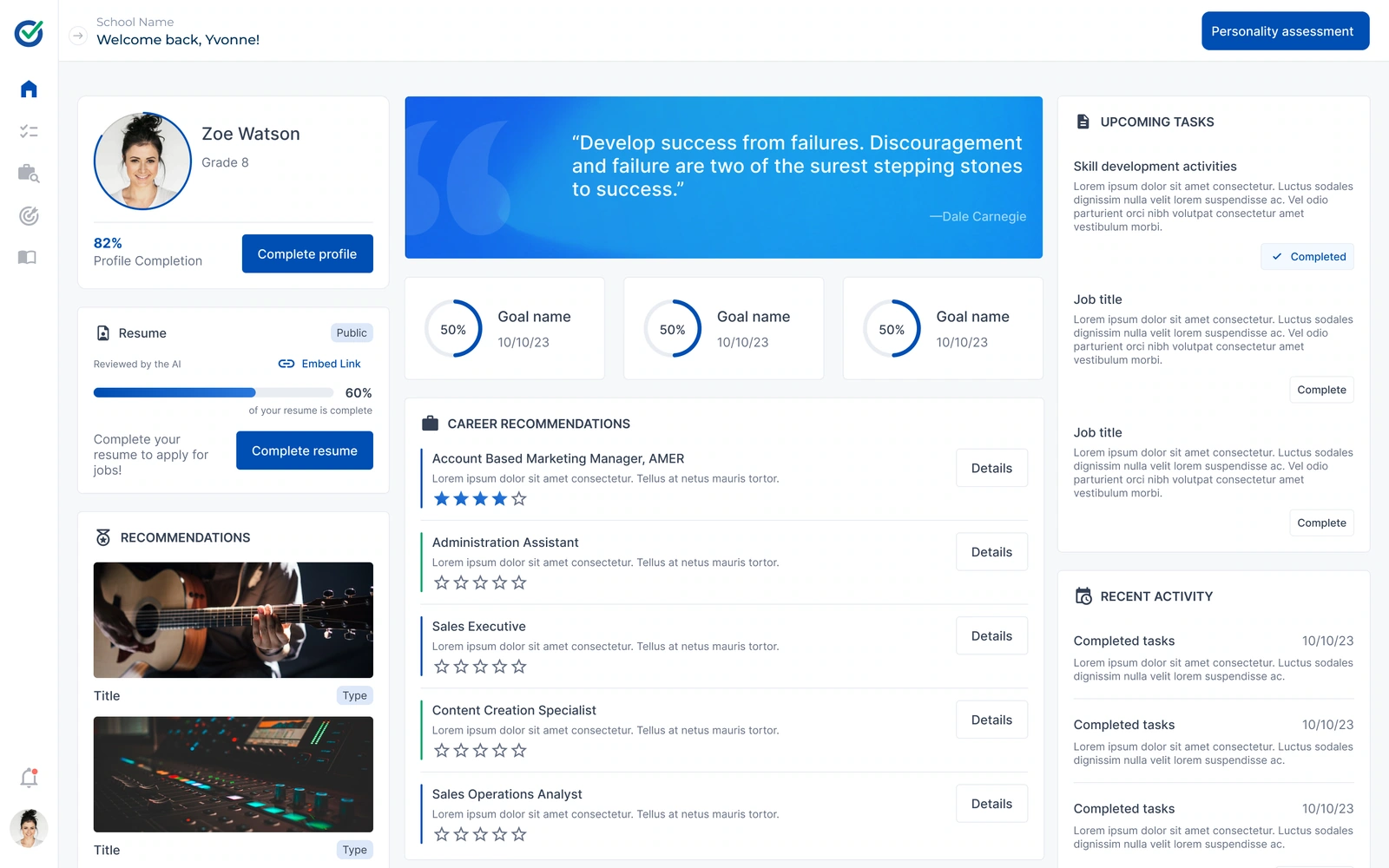 Interest overview — profile progress, goals, recommendations and tasks