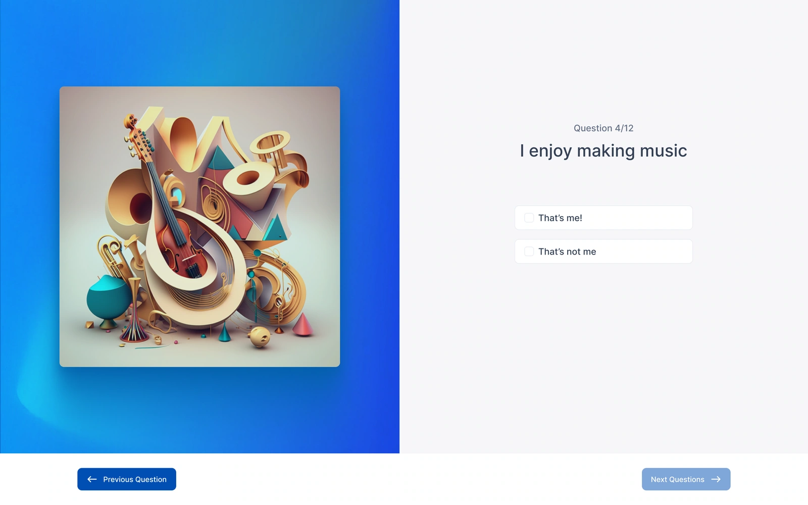 Assessment question — music illustration, response options and step navigation
