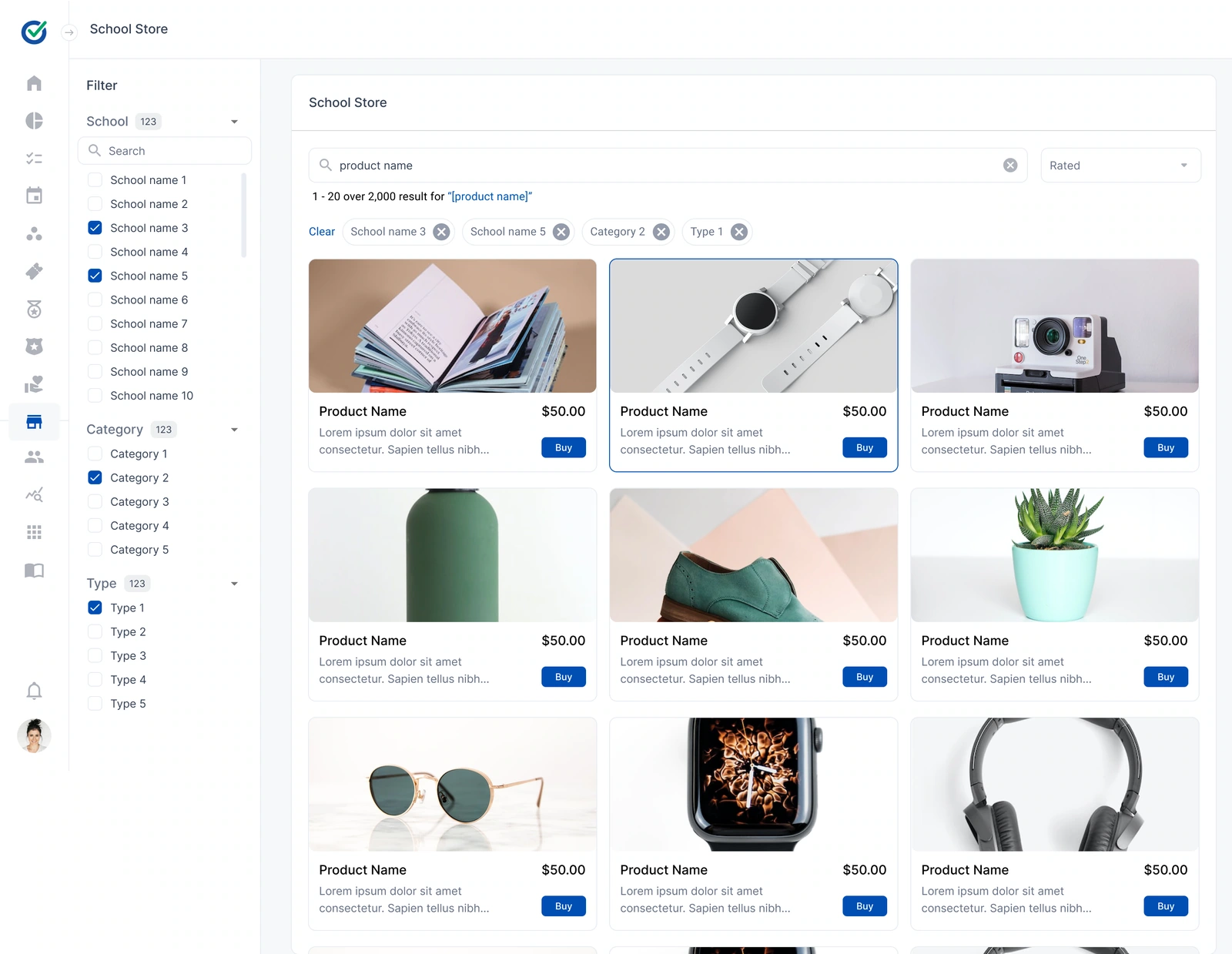 School store — selected filters, searchable catalogue and product cards