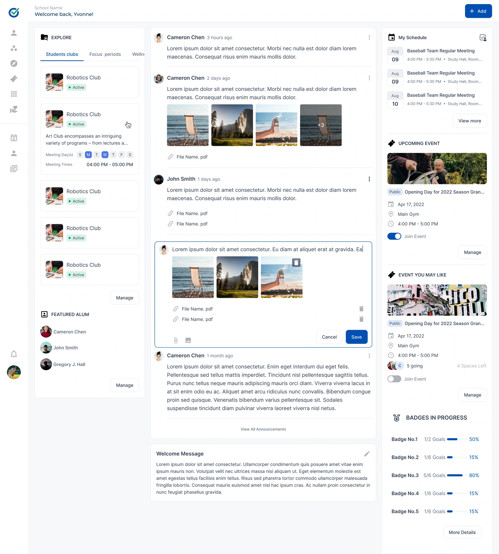 Student home — clubs, announcements, schedule and upcoming events