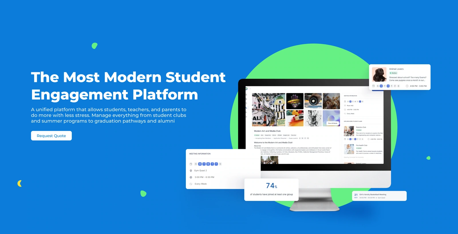 Product website — opening proposition, platform preview and branded composition